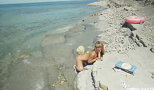 Astonishing peculiar Nudist Girl at bottom a public beach. Dildo spur